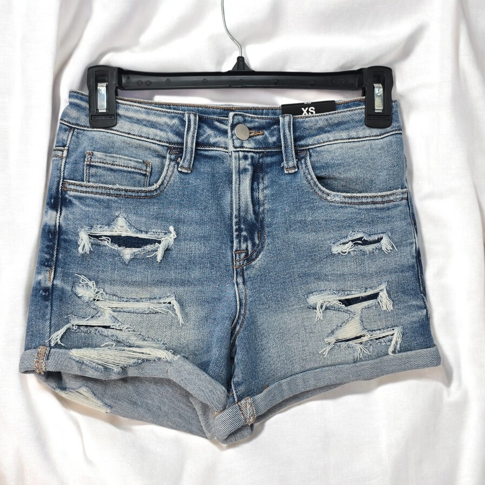 Fashion Nova Cooper Shorts Woman Extra Small Blue Distressed Hi Rise Denim NWT